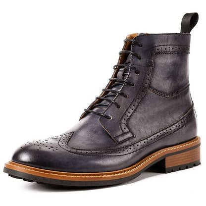 A pair of brown high-top casual cowhide leather boots with round toe and lace-up closure.