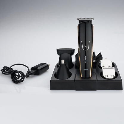 Hair trimmer set with attachments on a gray background