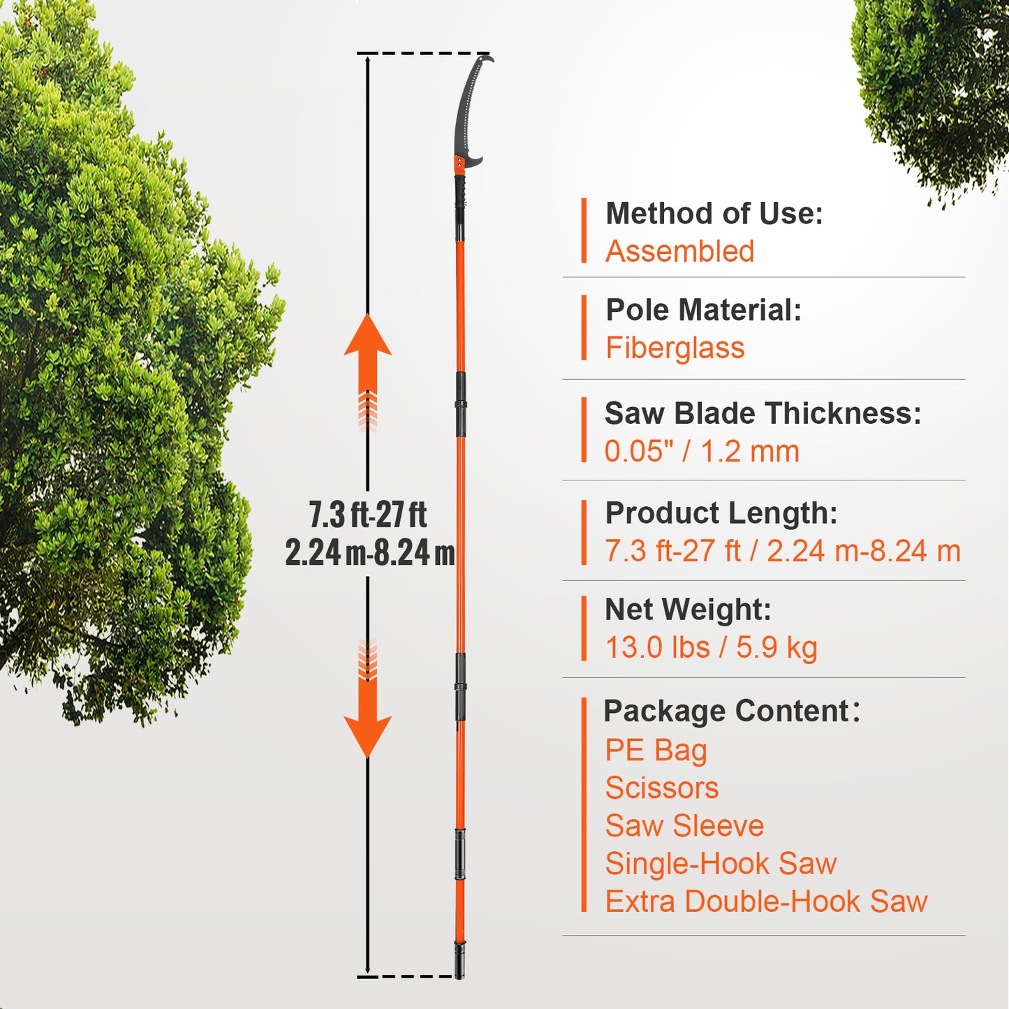 VEVOR 27 Ft Manual Pole Saw - Extendable Tree Pruner & Trimmer