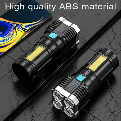 Two black tactical LED flashlights with blue indicator and yellow LED panel on display