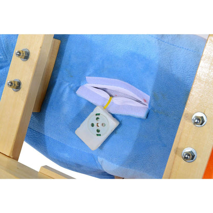 Blue plush rocking horse seat with a small electronic control pod on the side panel