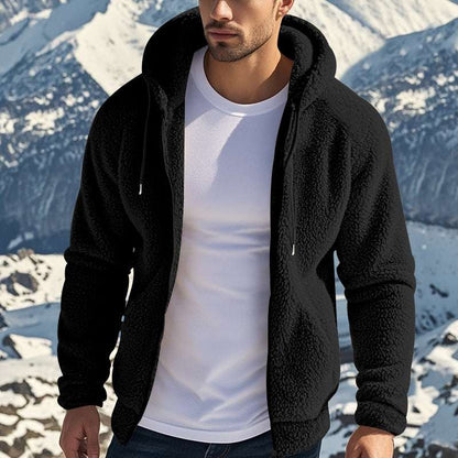 Black sherpa fleece zip hoodie with hood and front pockets