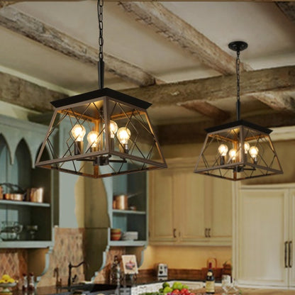 Black cage farmhouse 4-light chandelier pendant with four lit bulbs, chain-hung