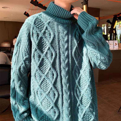 Teal knit turtleneck sweater with cable diamond pattern and ribbed cuffs