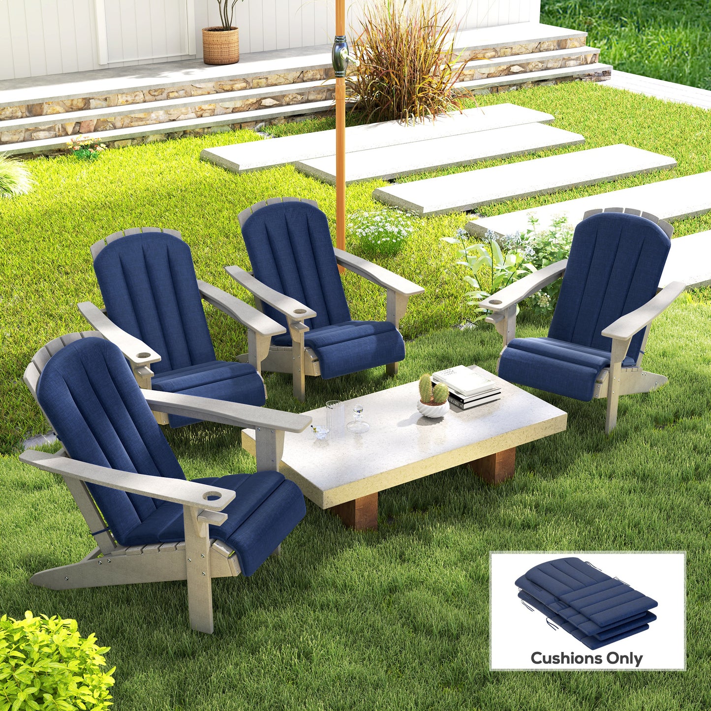 Set of four navy high-back chair cushions with adjustable tie straps