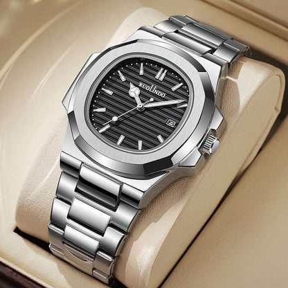 Stainless steel luminous men's wrist watch with black dial, metal bracelet, side crown