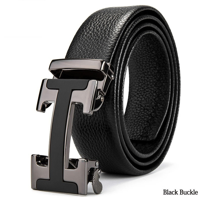 Automatic buckle men's belt leather lychee pattern