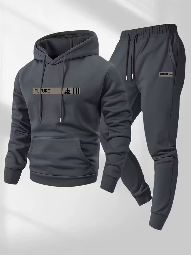 Men's loose-fit hoodie and pants set, charcoal gray hoodie with drawstring hood and front pocket, joggers