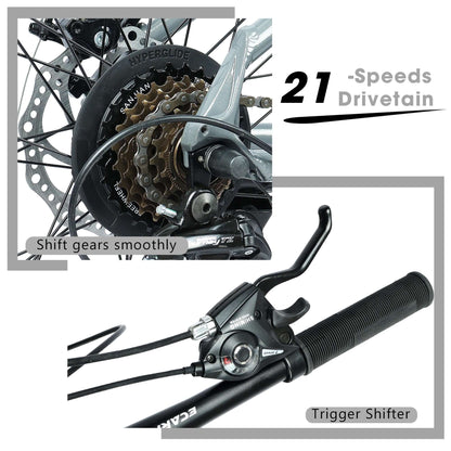 21-speed drivetrain and trigger shifter area on rear wheel of grey mountain bike