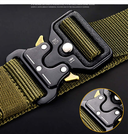Cobra Buckle Tactical Belt close-up showing robust cobra buckle and high-strength materials for durability.