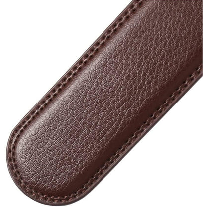 Brown leather belt tip end with stitched seam along the edge