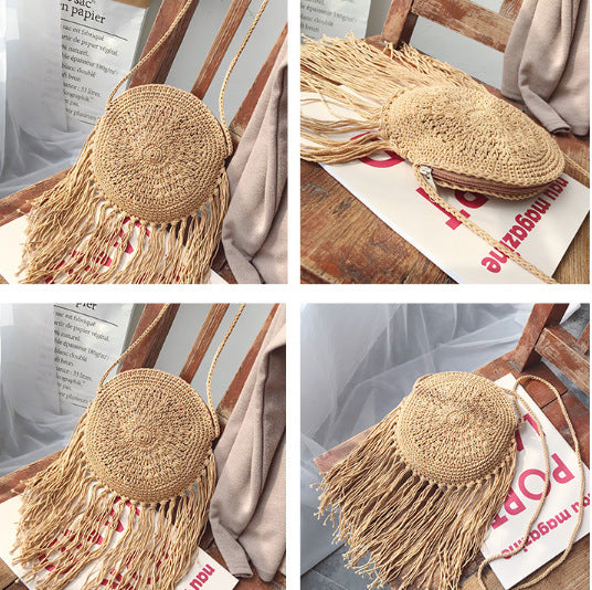 Hand-woven tassel straw bag