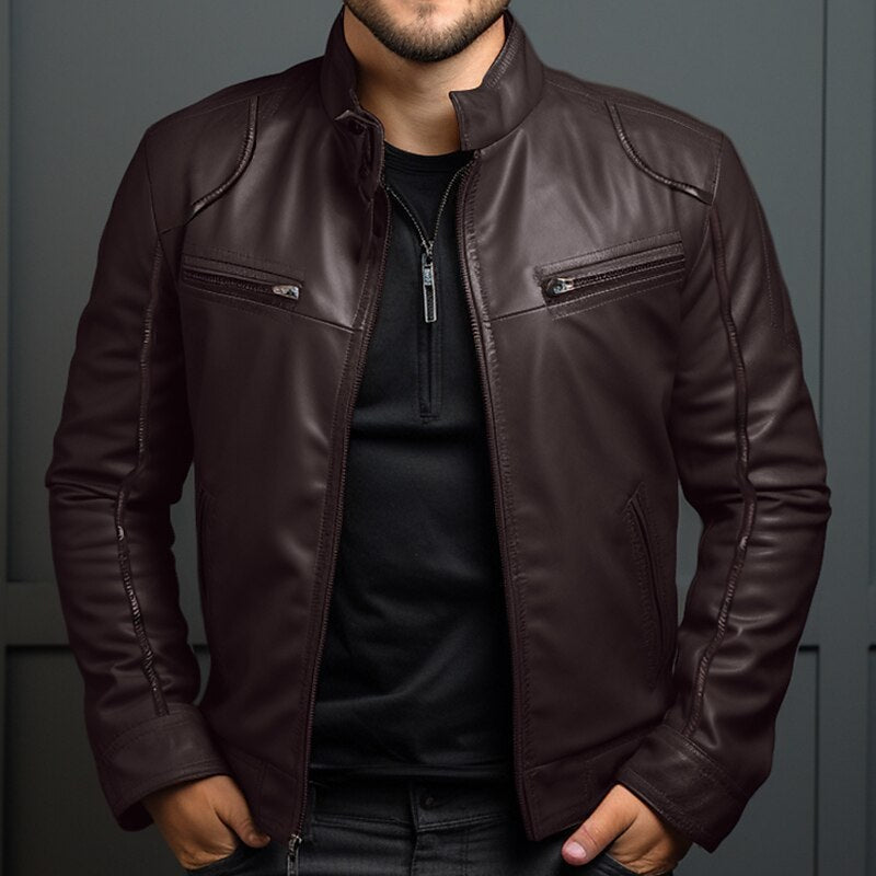 Men's Leather Motorcycle Jacket Men's Stand Collar Motorcycle Leather Ja | Ectron Online