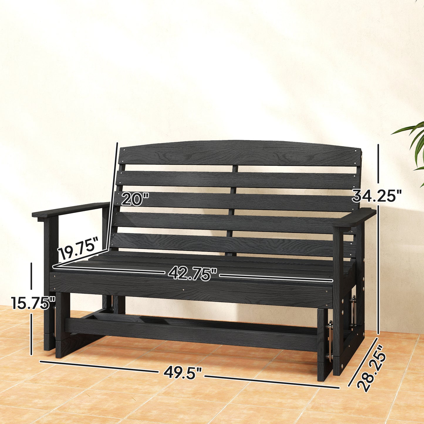 Distressed black outdoor glider bench with slatted back and seat