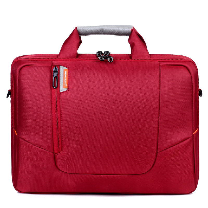 Red laptop briefcase with top handle, front zip pocket, and metal clasp