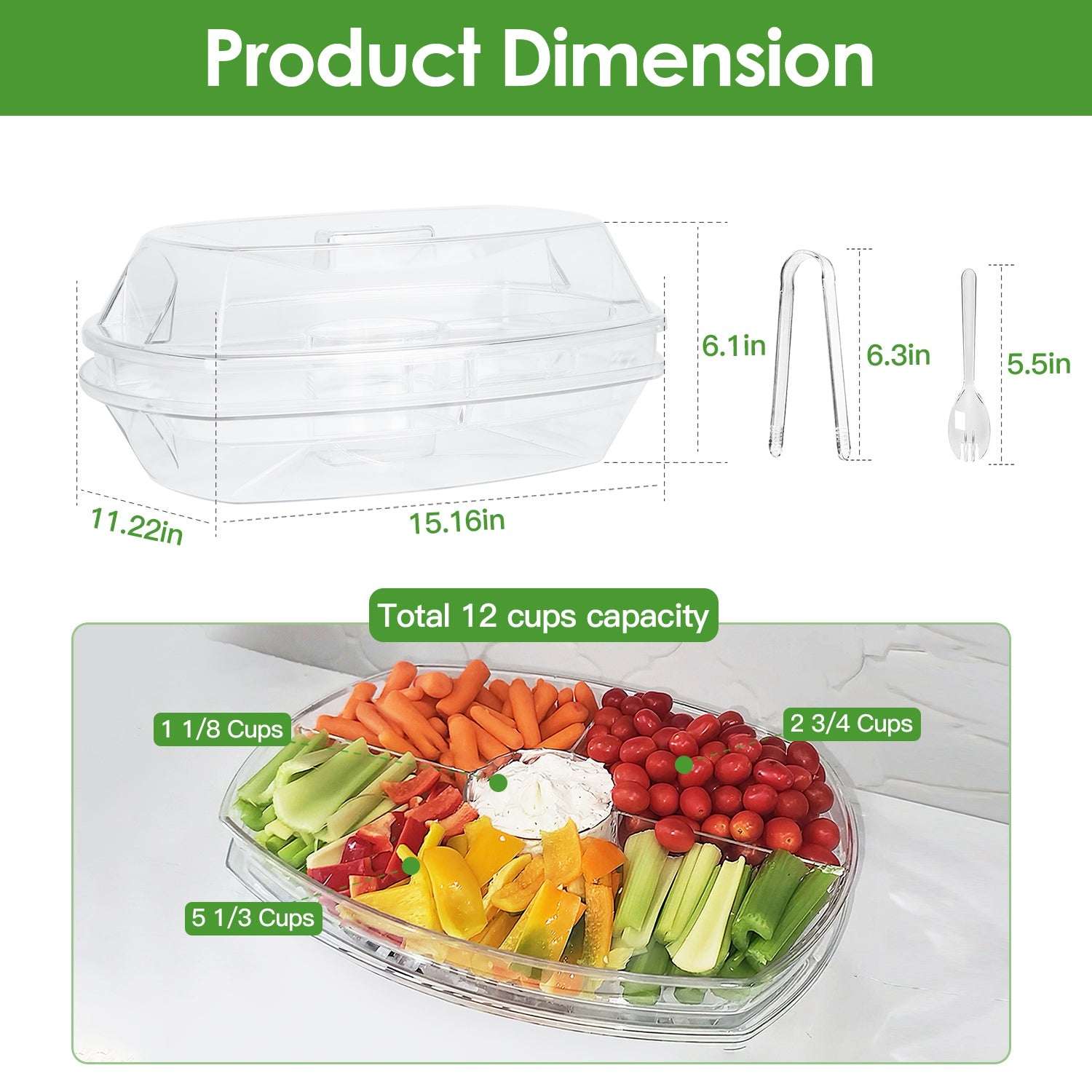 Clear serving tray set with lid and ice tray, shown with included tongs and sporks