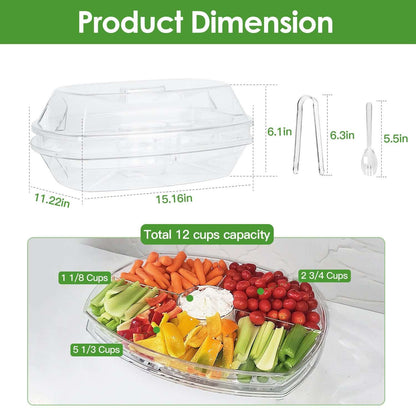 Clear serving tray set with lid and ice tray, shown with included tongs and sporks