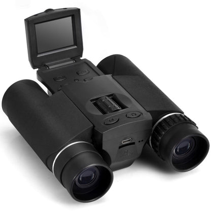 Black binoculars with digital display on a white background