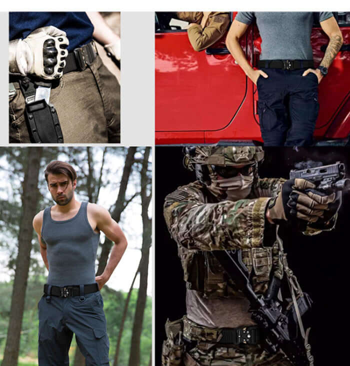 Cobra Buckle Tactical Belt showcased on various users in action and practical settings, emphasizing durability and reliability.