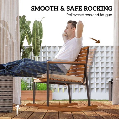 Acacia wood outdoor rocking chair with cream cushion and slatted back, armrests