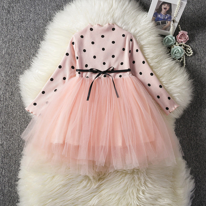 Pink polka-dot long-sleeve tutu dress with layered tulle skirt and black ribbon waist tie