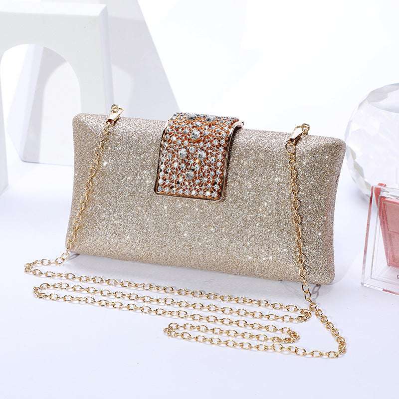 Champagne rhinestone clutch wallet with long gold chain and jeweled clasp