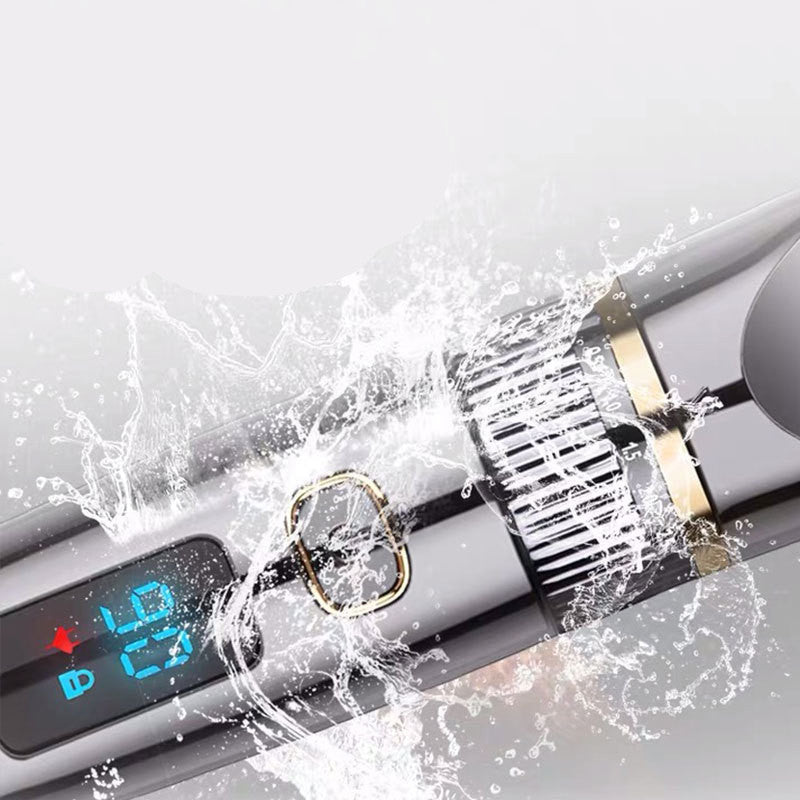 Electric shaver with water splashes on a light gray background