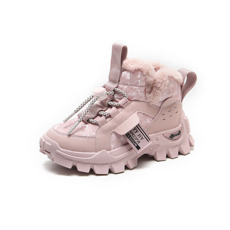 Pink kids snow boot with faux fur lining and padded ankle collar
