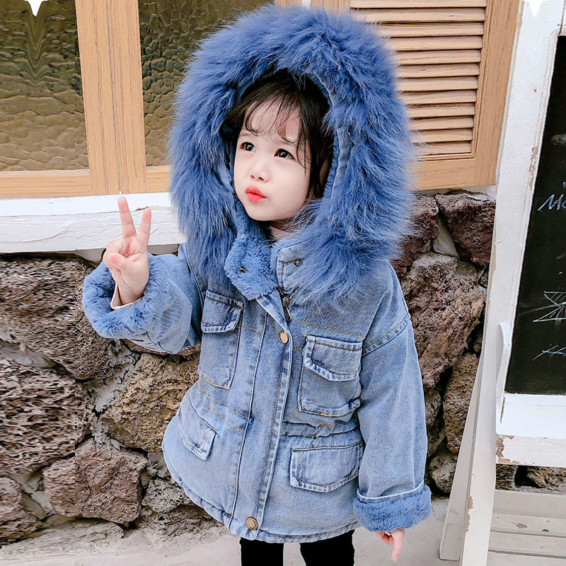 Light blue denim jacket with blue faux-fur hood, fleece lining, button front, pockets