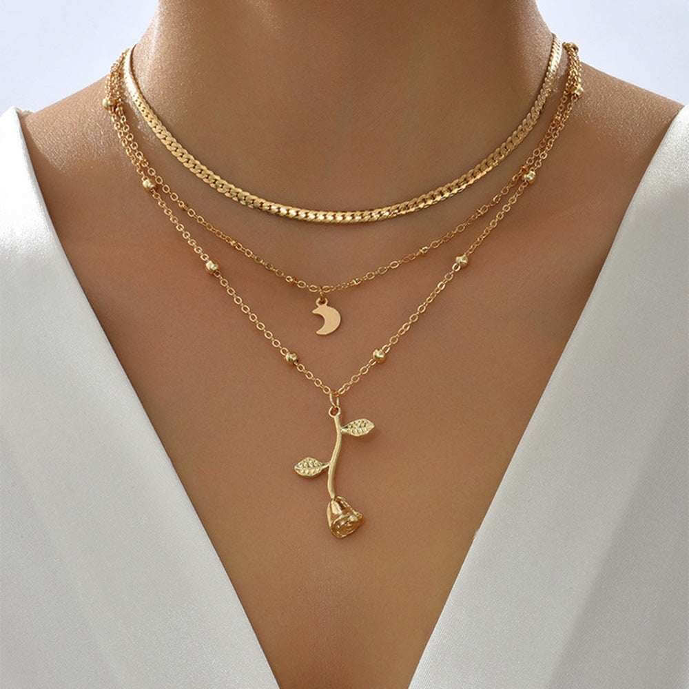 Bohemia Multilayer Moon Gold Color Pendant Necklaces For Women Rose Flower Choker Necklace 2025 Fashion Jewelry Party Gift Valentine's Day Gifts