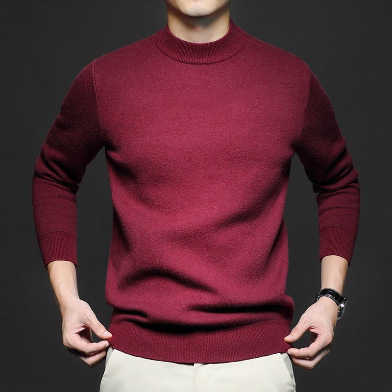 Men's worsted knit sweater, crew neck, long sleeves, deep maroon