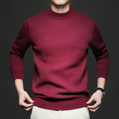 Men's worsted knit sweater, crew neck, long sleeves, deep maroon
