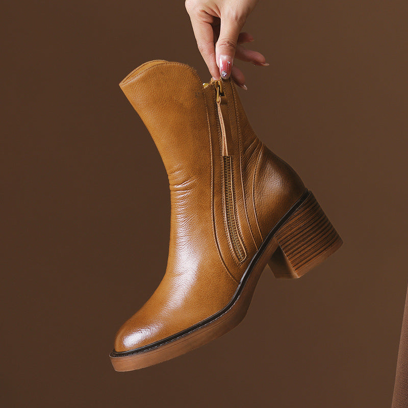Thick Heel Brown Ankle Boots British Style Handsome Thick Heel Brown Ankle Boots British Sty | Ectron Online