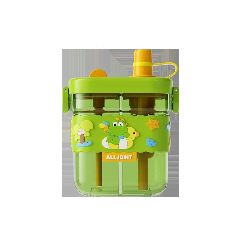 Lime green kids dual-chamber straw water bottle with animal graphics, yellow straw lid