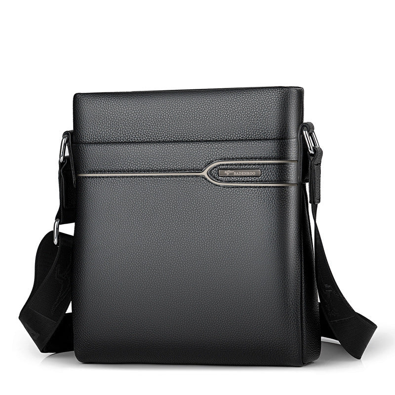Men's black leather crossbody bag with top flap and metal clasp