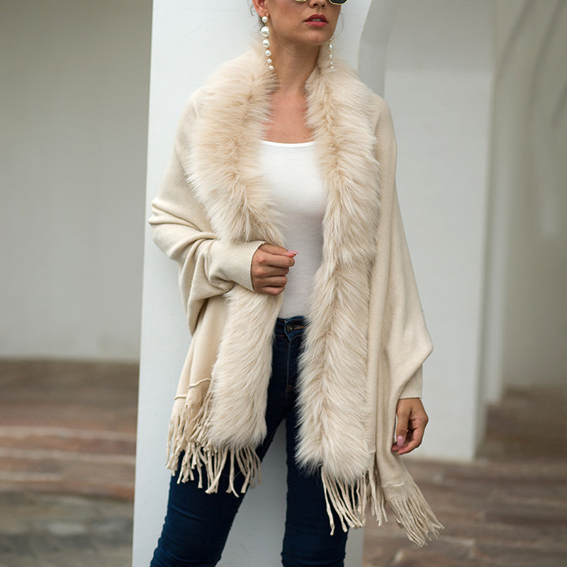Women's Faux Fur Trim Cardigan | Fringe Hem Winter Poncho Coat