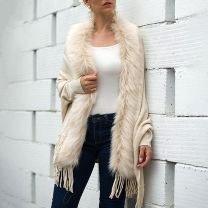 Women's Faux Fur Trim Cardigan Coat - Fringe Hem Layer Poncho For Fall & Winter Women's Faux Fur Trim Cardigan Coat - Fr | Ectron Online