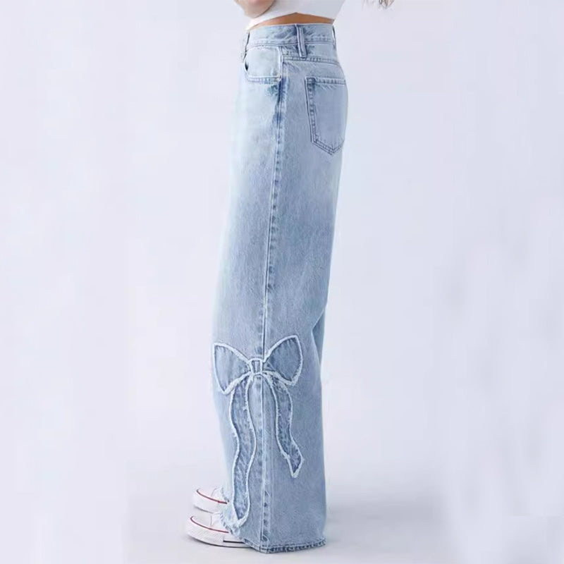 Women's Straight Trousers Embroidered Side Frayed Butterfly Jeans Street Design Hot Girl Baggy Pants