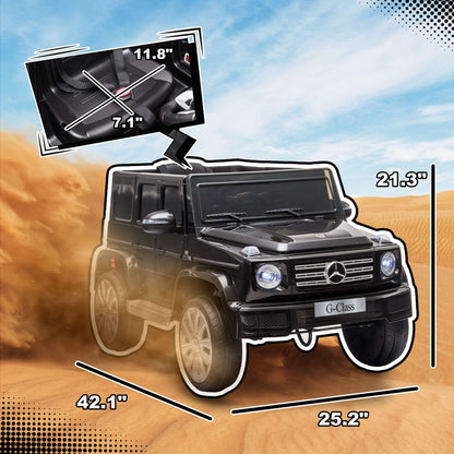 Black kids electric G-Wagon ride-on with front view and visible dimensions callouts