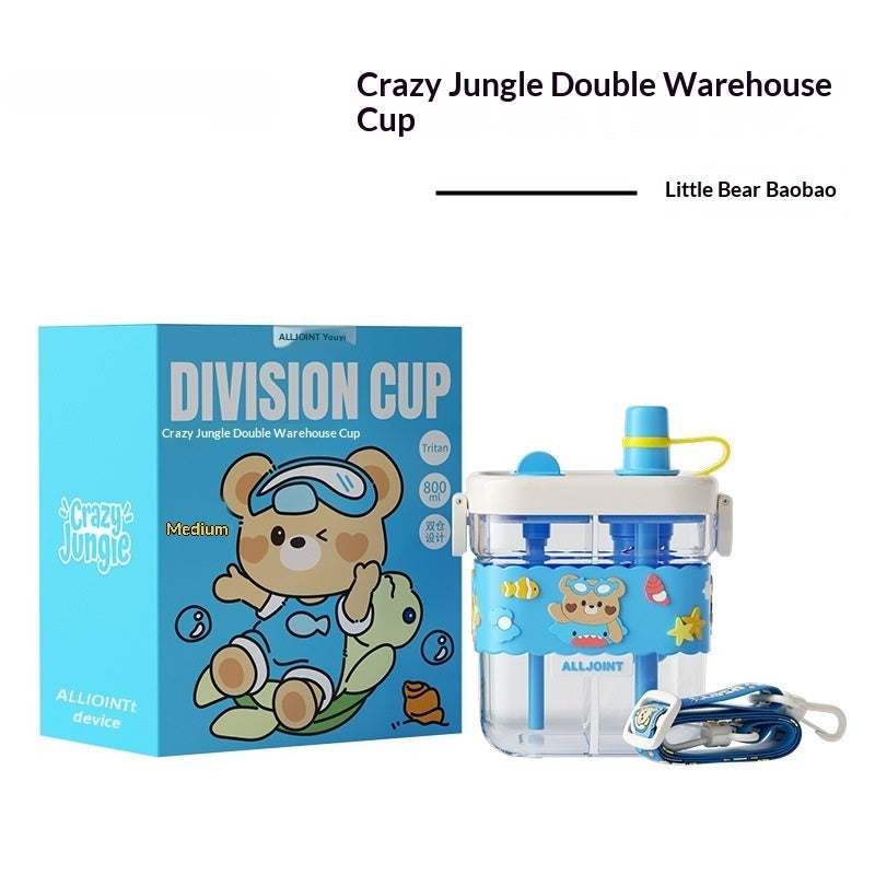 Blue kids dual-chamber straw water bottle with bear cartoon, yellow straw lid