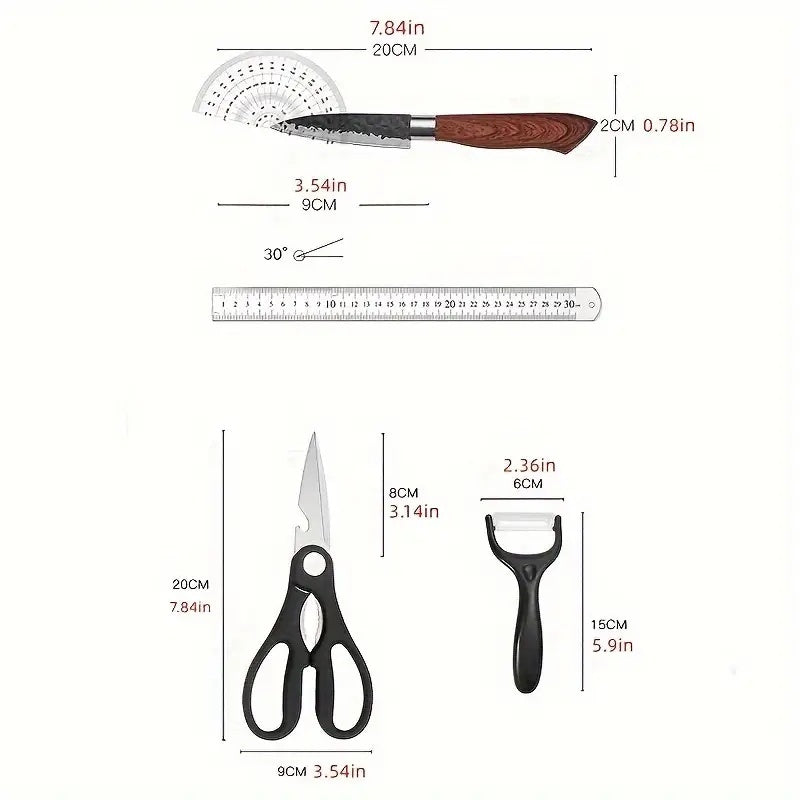 Knife set dimension diagram with wood-handled blades and black scissors