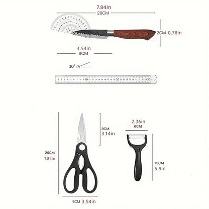 Knife set dimension diagram with wood-handled blades and black scissors