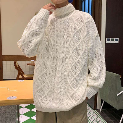 Cream knit turtleneck sweater with cable diamond pattern and ribbed hem