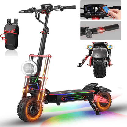 Electric scooter with black frame and red accents, shown in front-left view with lights.