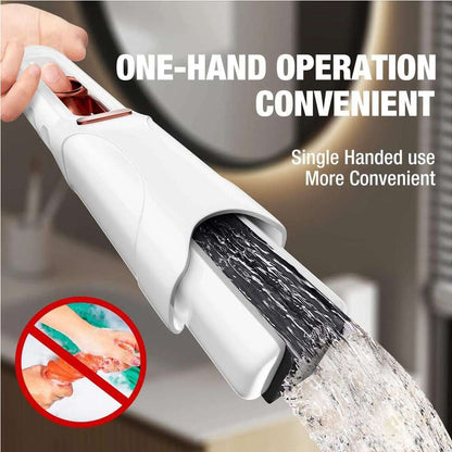 Handheld mini mop with white nozzle and gray pad releasing water onto a surface