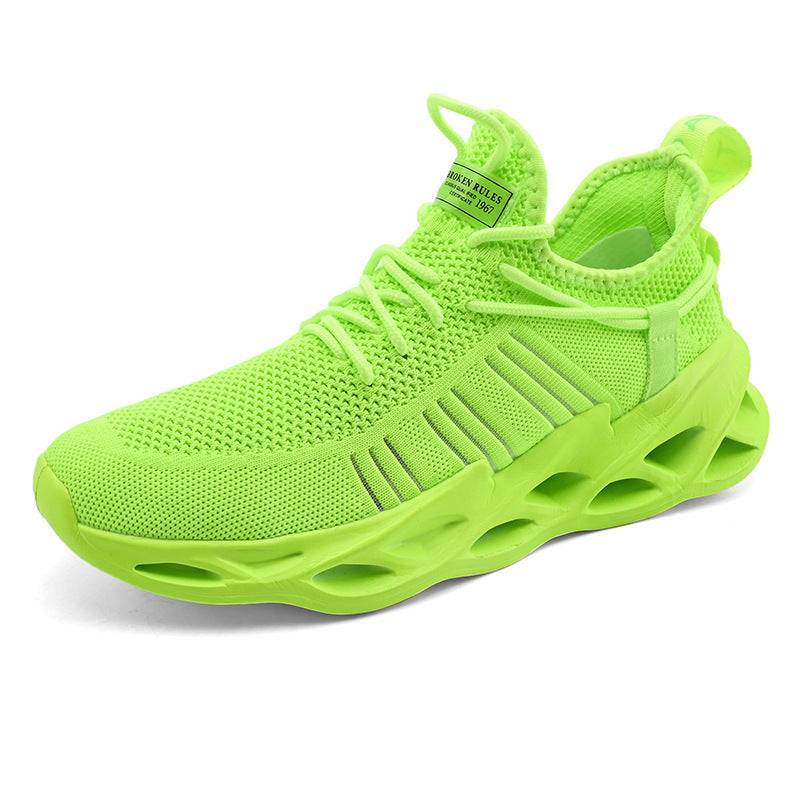 Breathable sneakers, lime green knit upper with matching laces and ventilated sole