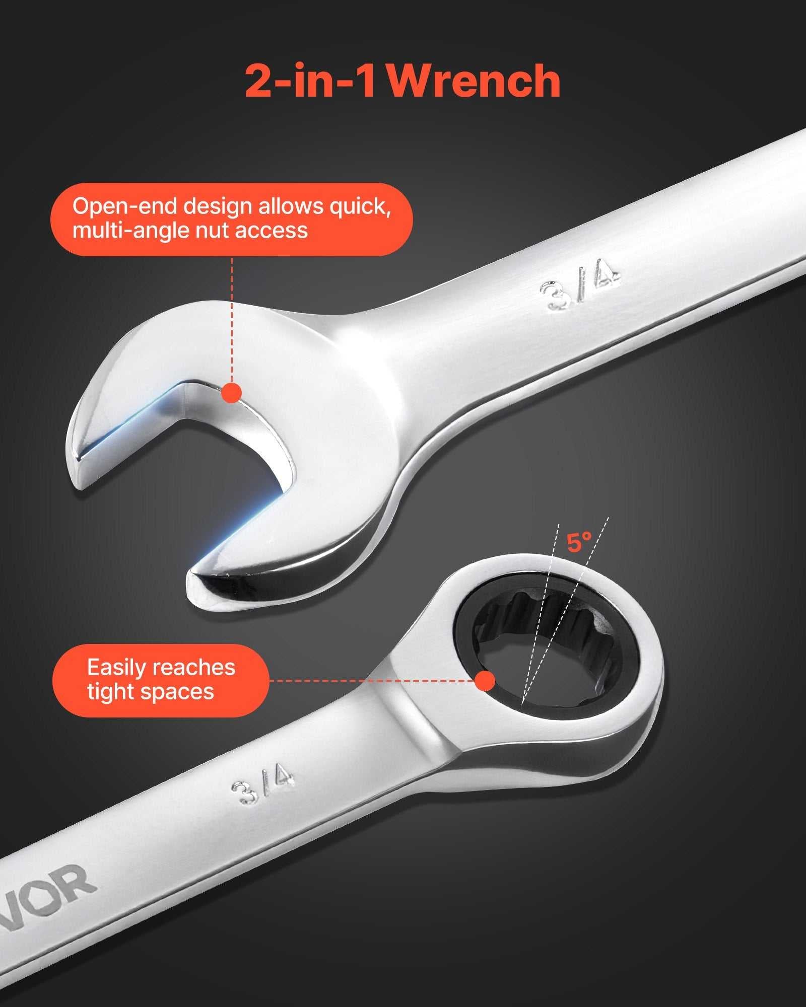 Chrome 2-in-1 ratcheting open-end wrench with curved box end