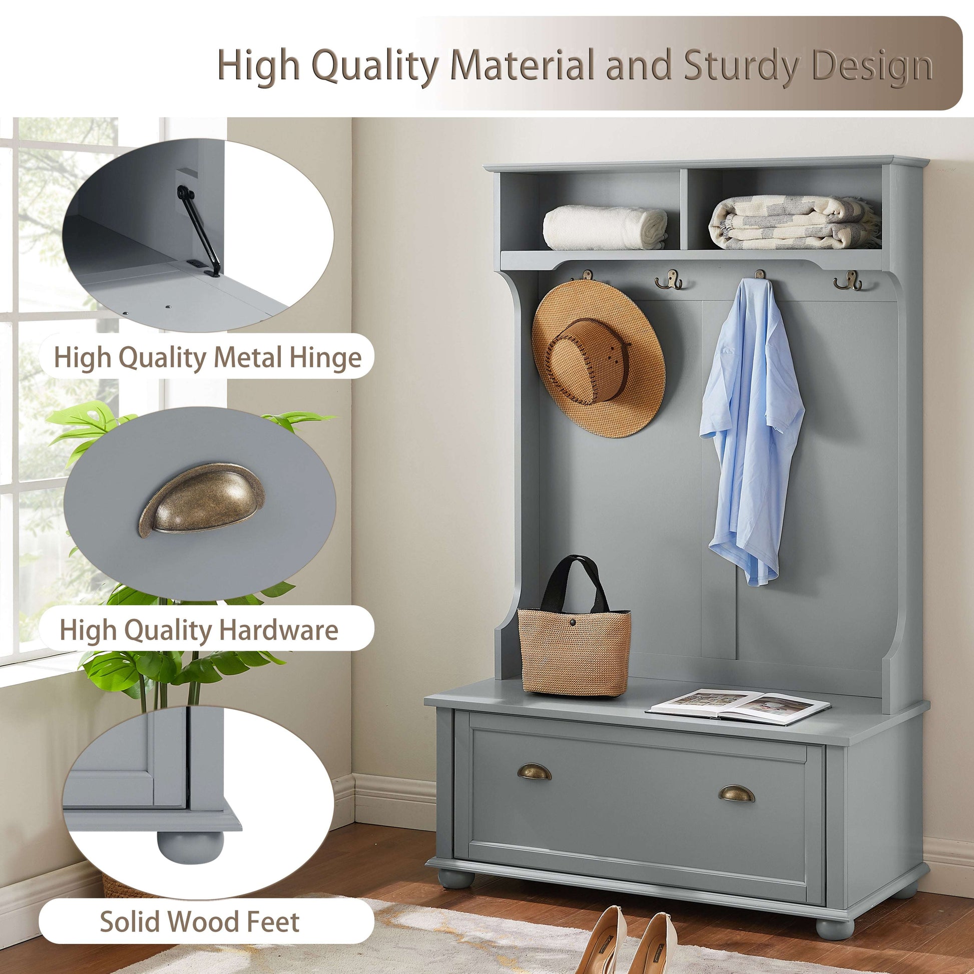 Gray hall tree cabinet with coat hooks and open compartments above a shoe bench.