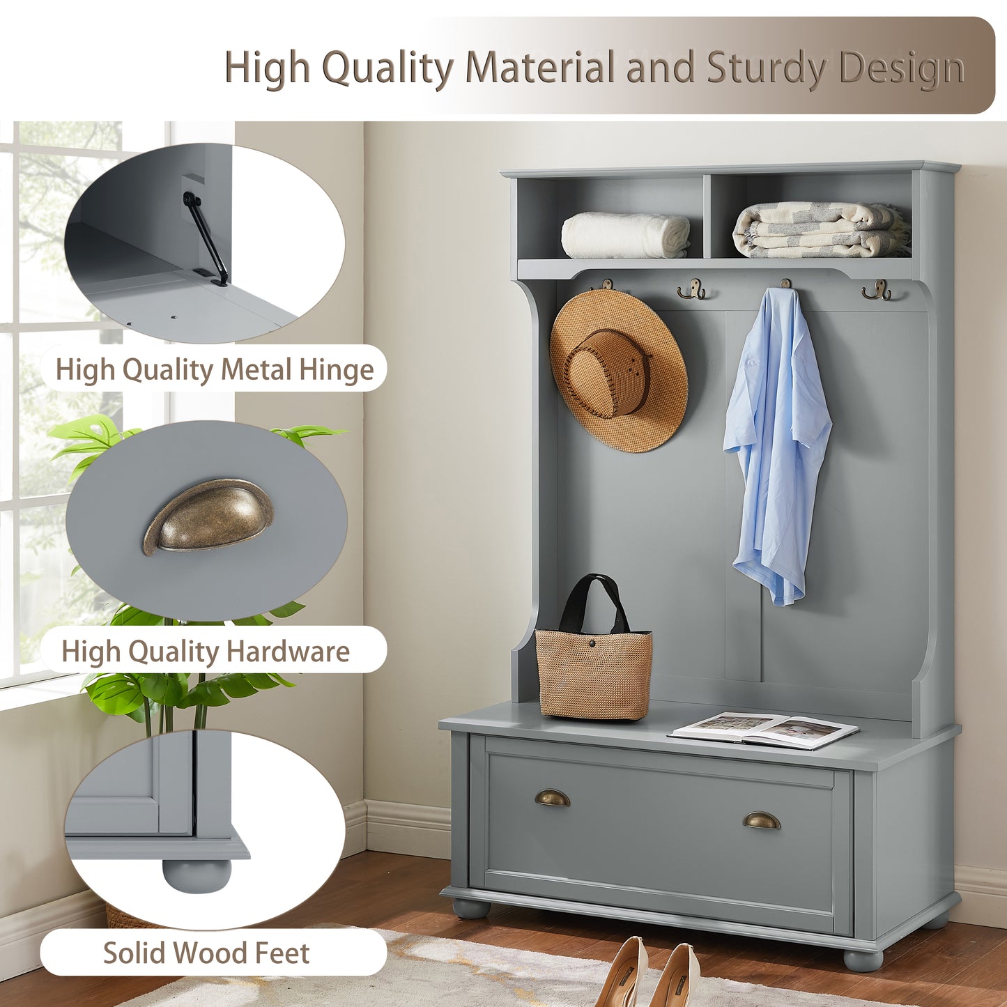 Modern Hall Tree with Shoe Bench & Coat Hooks - 40" Gray Entryway