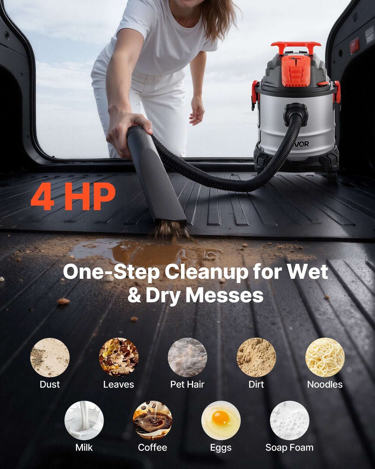 Wet/dry shop vacuum with hose, cleaning a wet floor mess